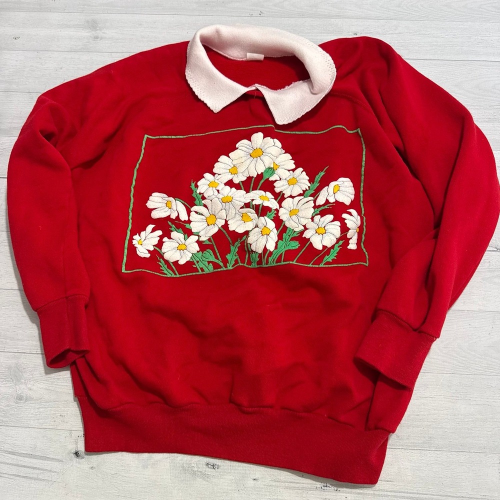 Vintage Reeves Brothers 90s Collared floral flower  sweater red women's XL